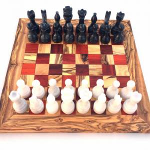 Schachspiel gerade Kante, Schachbrett Größe wählbar inkl. 32 Schachfiguren aus Marmor Handgemacht aus Olivenholz rotes H Bild 4