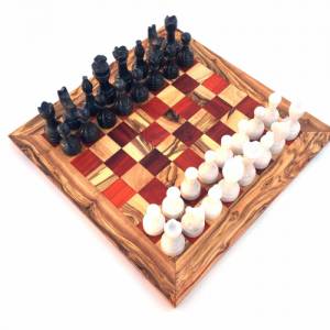 Schachspiel gerade Kante, Schachbrett Größe wählbar inkl. 32 Schachfiguren aus Marmor Handgemacht aus Olivenholz rotes H Bild 6