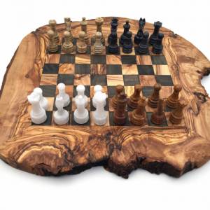 Schachspiel rustikal Olivenholz Schachbrett Gr. M inkl. 32er  Schachfiguren aus Marmor Farbe wählbar Handemacht hochwert Bild 1
