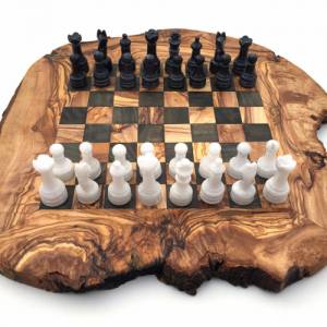 Schachspiel rustikal Olivenholz Schachbrett Gr. M inkl. 32er  Schachfiguren aus Marmor Farbe wählbar Handemacht hochwert Bild 2