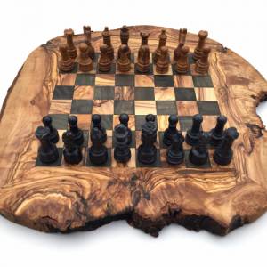 Schachspiel rustikal Olivenholz Schachbrett Gr. M inkl. 32er  Schachfiguren aus Marmor Farbe wählbar Handemacht hochwert Bild 3