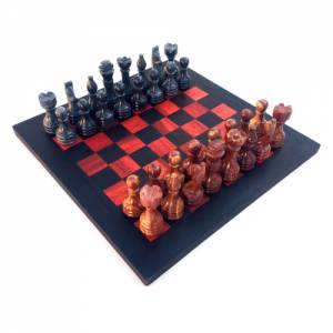 Schachspiel gerade Kante, Schachbrett Größe wählbar inkl. 32 Schachfiguren aus Marmor Handgemacht aus Wenge und rotes Ho Bild 1