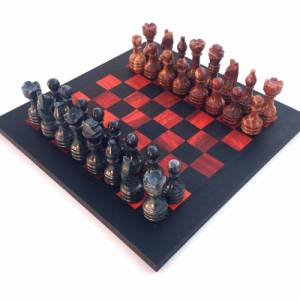 Schachspiel gerade Kante, Schachbrett Größe wählbar inkl. 32 Schachfiguren aus Marmor Handgemacht aus Wenge und rotes Ho Bild 2