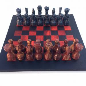 Schachspiel gerade Kante, Schachbrett Größe wählbar inkl. 32 Schachfiguren aus Marmor Handgemacht aus Wenge und rotes Ho Bild 4