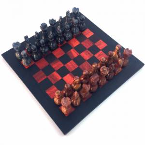 Schachspiel gerade Kante, Schachbrett Größe wählbar inkl. 32 Schachfiguren aus Marmor Handgemacht aus Wenge und rotes Ho Bild 5