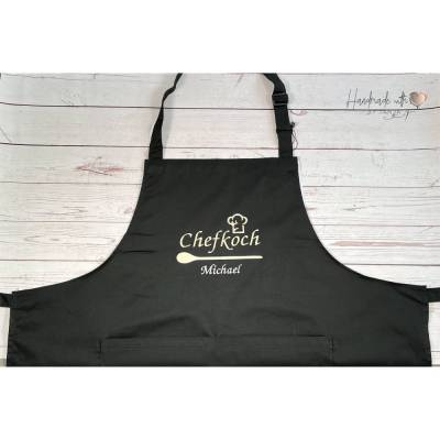 schwarze bestickte personalisierte Chefkoch Schürze, Latzschürze für Männer und Frauen, Geschenkidee zu Weihnachten