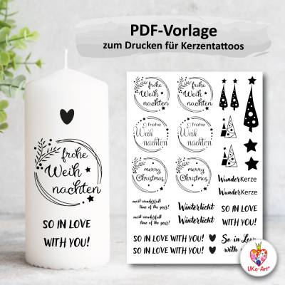 Kerzentattoo Kerzensticker Weihnachten, pdf/jpg Vorlage für Stumpenkerzen + Stabkerzen