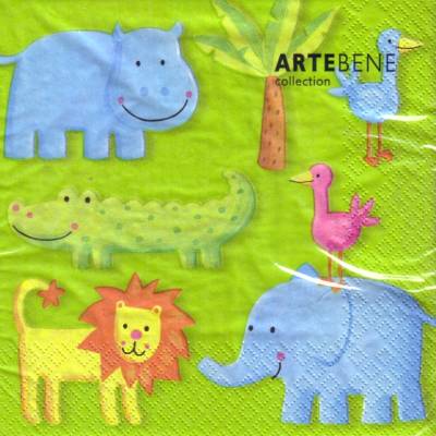 Lunchservietten Dschungeltiere, Löwe, Elefant, Nilpferd, Krokodil mit Vögeln und Palme auf Grün von Artebene