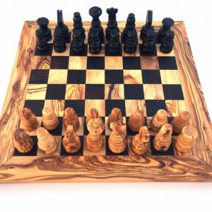 Schachspiel gerade Kante, Schachbrett Größe wählbar inkl. 32 Schachfiguren Handgemacht aus Olivenholz & Wenge Bild 4