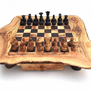 Schachspiel rustikal, Schachtisch Gr. wählbar M/L/XL inkl. Schachfiguren, handgemacht aus Olivenholz/ Wenge Bild 1