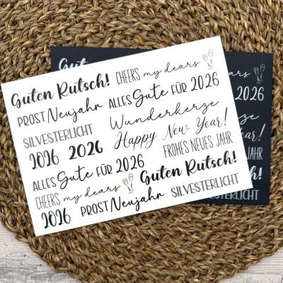 Kerzentattoo SILVESTER,  A5, schwarz o. weiß,  Wasserschiebefolie, Kerzenfolie, Neujahr, 2026, Guten Rutsch