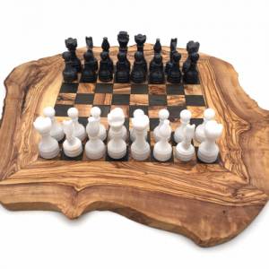 Schachspiel rustikal aus Olivenholz Schachbrett Gr. L inkl. 32 Schachfiguren aus Marmor Farbe wählbar, Naturprodukt Hand Bild 2