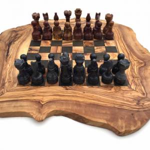 Schachspiel rustikal aus Olivenholz Schachbrett Gr. L inkl. 32 Schachfiguren aus Marmor Farbe wählbar, Naturprodukt Hand Bild 3