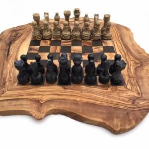Schachspiel rustikal aus Olivenholz Schachbrett Gr. L inkl. 32 Schachfiguren aus Marmor Farbe wählbar, Naturprodukt Hand Bild 4