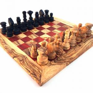 Schachspiel gerade Kante, Schachbrett Größe wählbar inkl. 32 Schachfiguren aus Marmor Handgemacht aus Olivenhoolz Bild 1