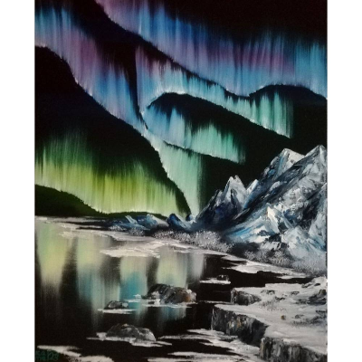 Aurora borealis - Stille Wasser - Nordlicht, Originalgemälde in Öl auf Leinwand Keilrahmen, 40 x 50 cm
