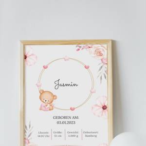 Personalisiertes Geschenk zur Geburt | Geburtstafel rosa | Geburtsdaten Poster Bär | Geburtsbild | personalisiertes Gesc Bild 1
