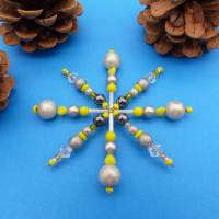 Perlenstern mit Herzchen, Weihnachtsstern, gelb grau silber, Anhänger, Advent, Deko, Geschenkanhänger, Baumschmuck Bild 2