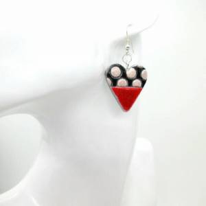 Herz Ohrringe baumeln, Polka Dot Ohrringe, rotes Herz, hängende Ohrringe Herz, schwarz weißes Herz, Valentinstag Bild 2