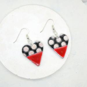Herz Ohrringe baumeln, Polka Dot Ohrringe, rotes Herz, hängende Ohrringe Herz, schwarz weißes Herz, Valentinstag Bild 6