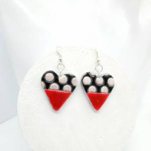 Herz Ohrringe baumeln, Polka Dot Ohrringe, rotes Herz, hängende Ohrringe Herz, schwarz weißes Herz, Valentinstag Bild 7