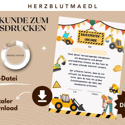 Bauarbeiter Zertifikat für Kindergeburtstag - Personalisiertes Baustellenparty Zubehör | Bagger, Handwerker, Radlader,
