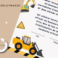 Bauarbeiter Zertifikat für Kindergeburtstag - Personalisiertes Baustellenparty Zubehör | Bagger, Handwerker, Radlader, Bild 8