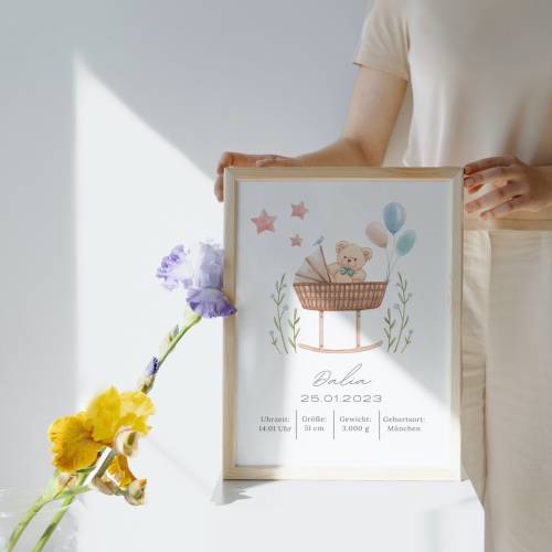 Geburtstafel Bär | Geburtsdaten Poster Babybett | Geburtsposter Babywiege | Geburtsanzeige | Geburtsbild | personalisier