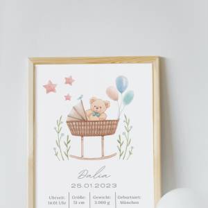 Geburtstafel Bär | Geburtsdaten Poster Babybett | Geburtsposter Babywiege | Geburtsanzeige | Geburtsbild | personalisier Bild 4