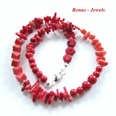 Edelsteinkette Rote Koralle mit Silber 925 Korallenkette Perlenkette Edelstein Kette Collier rot silberfarben