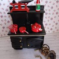Küchen Herd Ofen in schwarz - Komplettset Miniatur  Puppenhaus Dekoration -  Basteln Puppenhaus - Wichteltür Krippenbau Bild 1