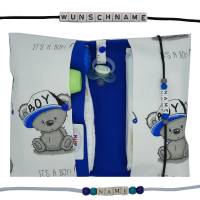 Windeltasche mit Name to go Wickeltasche XXL it´s a Boy creme blau Windeletui Geschenk Geburt Junge Baby Teddybär Bild 1
