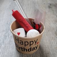 Geschenk-Set / Happy Birthday / im Becher / Kerzenhalter / Kerze / Glückslicht / Reagenzglas / Smiley Bild 1