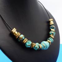 Halskette, türkis bronze, Lederkette, Collier, Statementkette, Keramikperlen, Handmade, Schmuck Bild 1