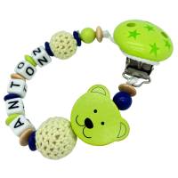Schnullerkette mit Name personalisiert 3D Bär mit Häkelperle lemongrün blau mit Sternen für Jungen Nuckelhalter Teddybär Bild 2