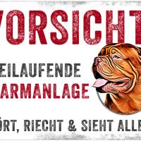 Hundeschild VORSICHT! FREILAUFENDE ALARMANLAGE (Bordeaux Dogge), wetterbeständiges Warnschild Bild 1