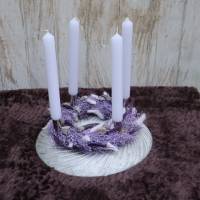 Adventskranz Holz mit Trockenblumen lila silberfarbig modern Bild 1