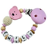 Schnullerkette mit Name personalisiert 3D Bär mit Häkelperle rosa natur für Mädchen Nuckelhalter Teddy Bild 1