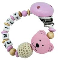 Schnullerkette mit Name personalisiert 3D Bär mit Häkelperle rosa natur für Mädchen Nuckelhalter Teddy Bild 2