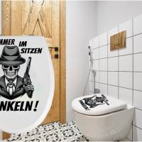 WC-Toiletten Aufkleber Immer im Sitzen Tür-Bad-Toilette-Cartoon Aufkleber-Wunschtext-Personalisierbar Bild 1