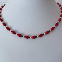 Rote Korallenkette mit Perlen, Onyx und Si925, Bambuskoralle gefärbt, Geschenk Frau und Mann, Handarbeit aus Bayern Bild 1