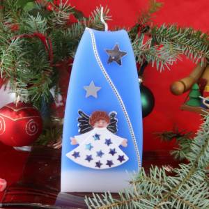 Blaue Weihnachtskerze, zweifarbige Formkerze mit Sternen, Engel und Widmung, individualisierbar, Weihnachtsdeko Bild 1