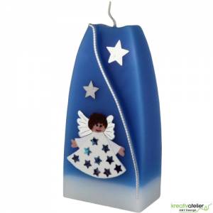 Blaue Weihnachtskerze, zweifarbige Formkerze mit Sternen, Engel und Widmung, individualisierbar, Weihnachtsdeko Bild 2
