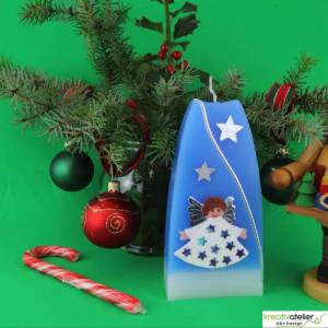 Blaue Weihnachtskerze, zweifarbige Formkerze mit Sternen, Engel und Widmung, individualisierbar, Weihnachtsdeko Bild 5