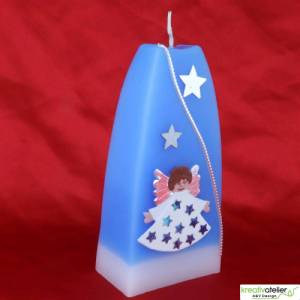 Blaue Weihnachtskerze, zweifarbige Formkerze mit Sternen, Engel und Widmung, individualisierbar, Weihnachtsdeko Bild 7