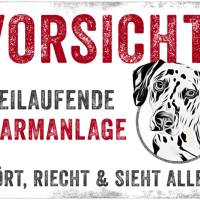 Hundeschild VORSICHT! FREILAUFENDE ALARMANLAGE (Dalmatiner), wetterbeständiges Warnschild Bild 1