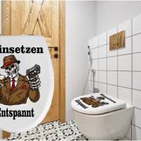 WC-Toiletten Aufkleber Hinsetzen Entspannt Tür-Bad-Toilette-Cartoon Aufkleber-Wunschtext-Personalisierbar Bild 1