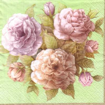 10 einzelne Lunchservietten Rosenbouquet in Pastell auf Hellgrün, von PAW