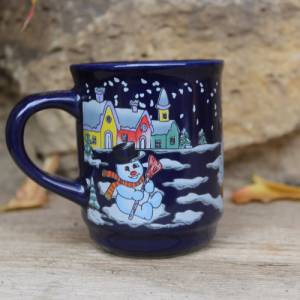 Weihnachtstasse Glühwein Punsch Motiv verschneite Winterlandschaft Schneemänner Vintage Bild 2