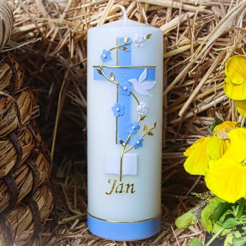 Taufkerze mit zweifarbigem Kreuz, Blumenranke, Taube und Bibel, personalisierbar